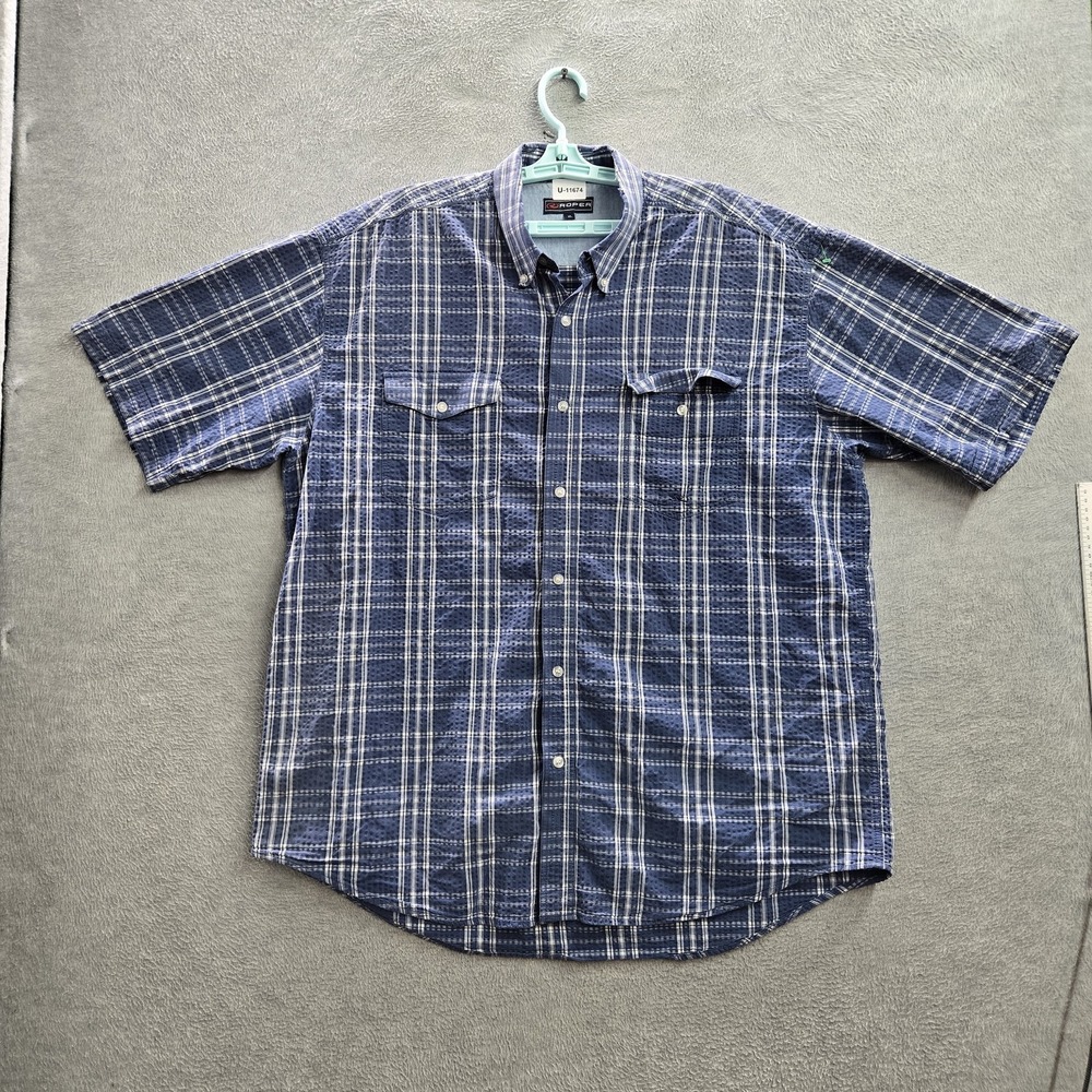 Roper Men Button Up Shirt XL Blue Plaid Western Short Sleeve